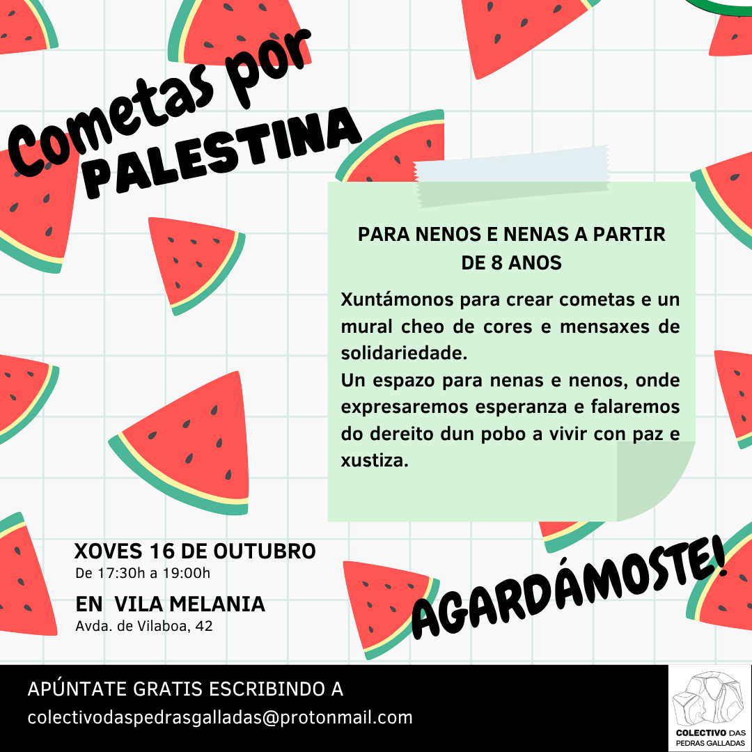 Cartaz anunciado o obradoiro Cometas por Palestina en outubro de 2025 organizado polas Pedras Galladas.